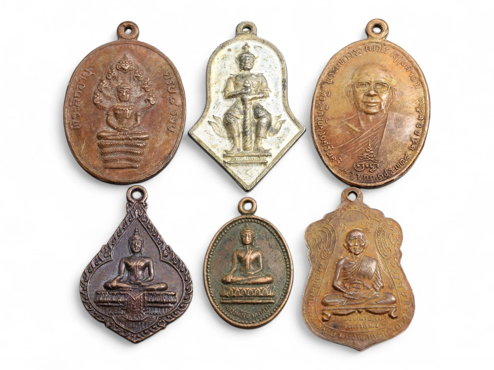 Antique Thai Monk and Deity Bronze Amulet Collection, Set of 6, c. Mid-Late 20th Century (1 of 2)