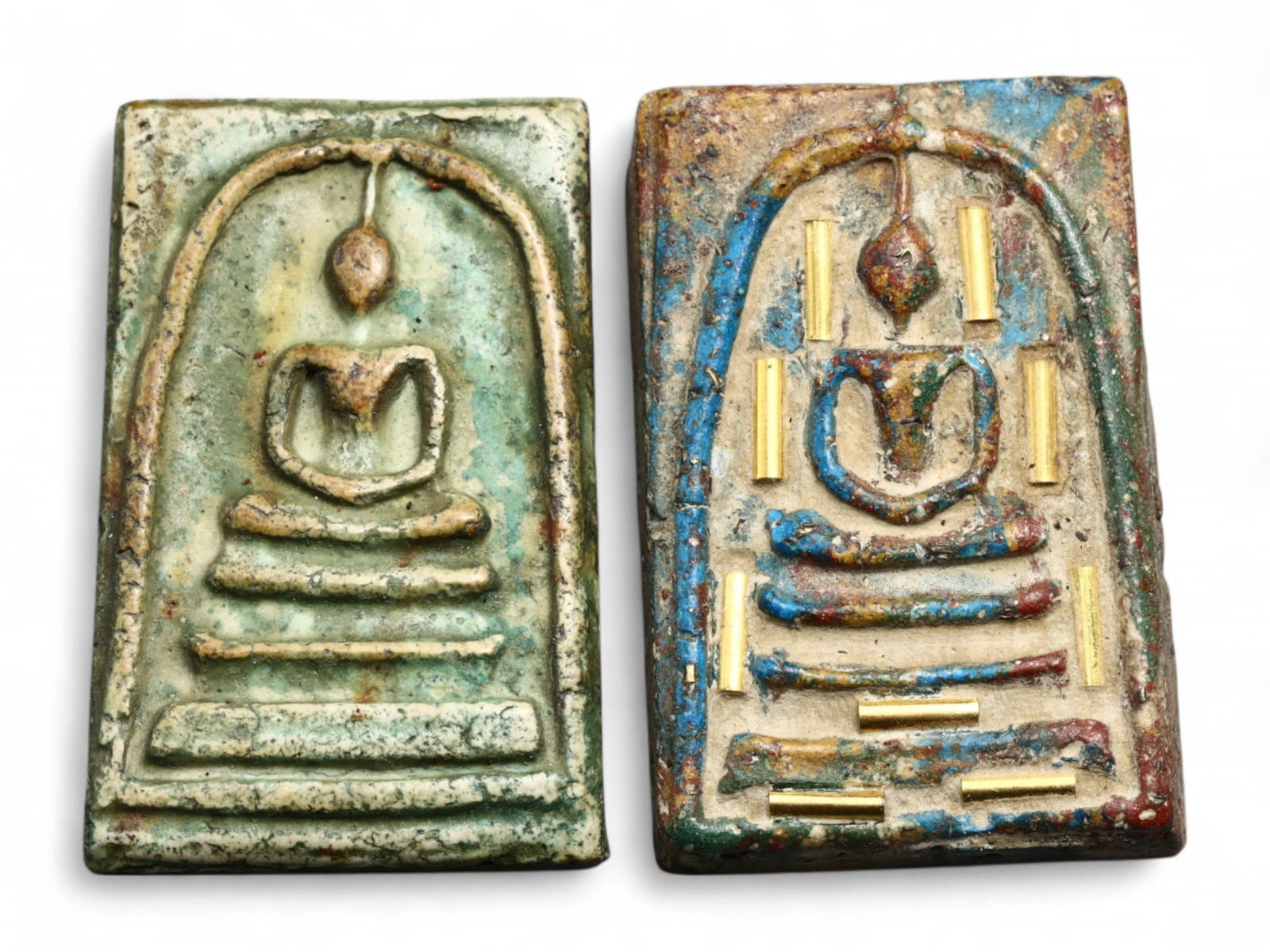 Antique Southeast Asian Gilded and Polychrome Terracotta Buddha Amulet Pair, 18th-20th Century, 19g (1 of 2)
