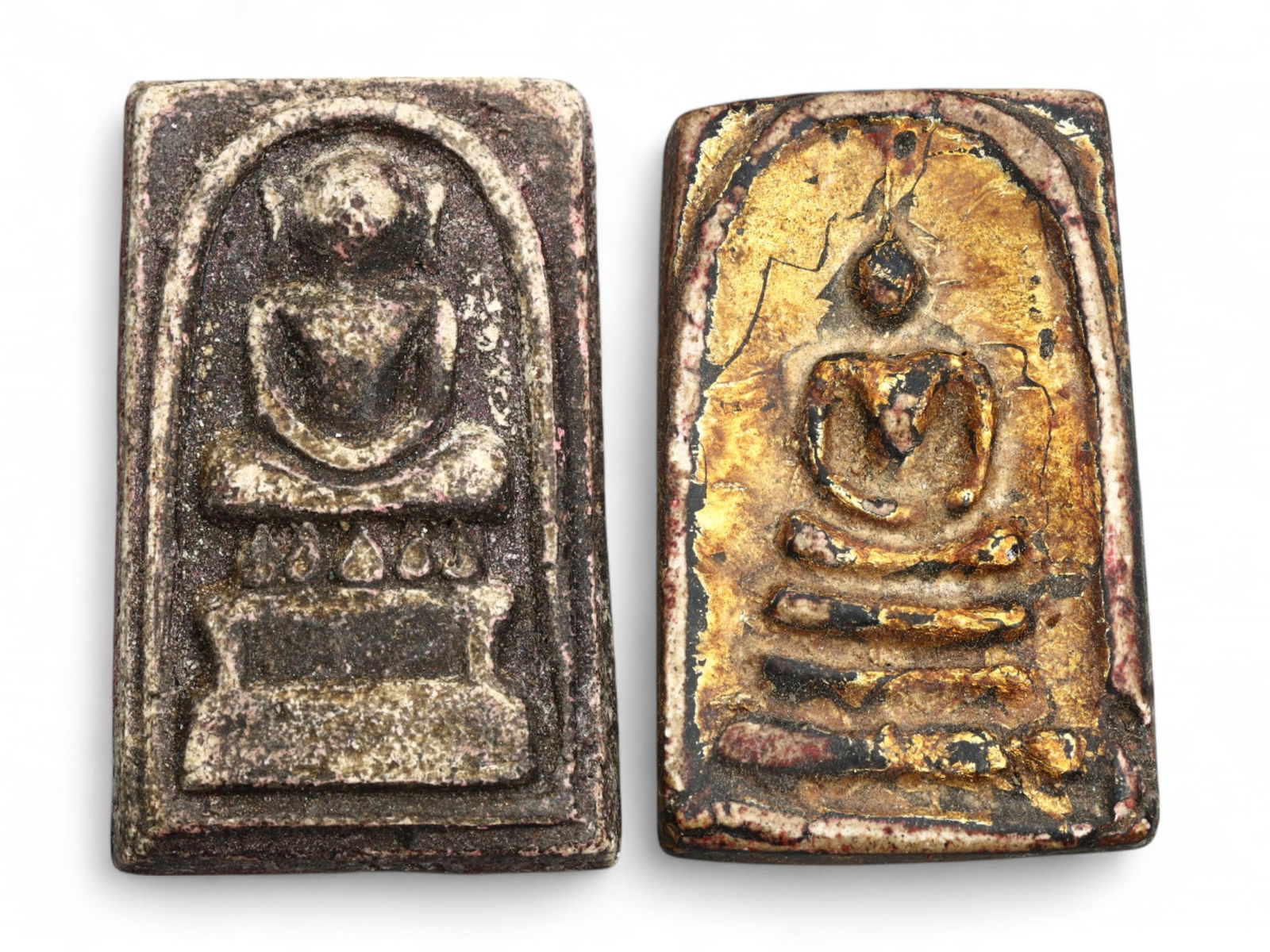 Antique Southeast Asian Gilt and Textured Buddha Terracotta Amulet Pair, 18th-20th Century, 24g (1 of 2)