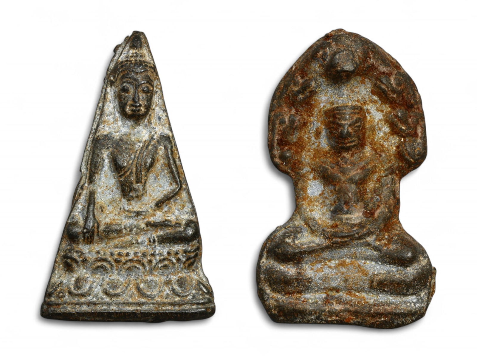 Antique Thai Lead Alloy Enlightened Buddha and Naga Protection Amulets, c. 19th Century, 47g (1 of 2)