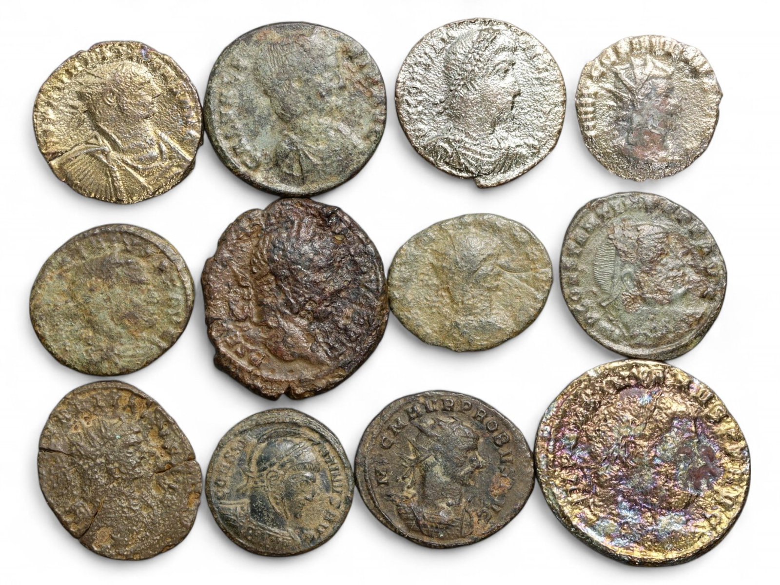 Ancient Roman 12-Coin Bronze Lot of Emperors and Allegorical Motifs, c. 3rd-4th Century CE, 53g: This robust group of 12 ancient Roman bronze coins, totaling 53 grams (1.87 oz), reflects the diversity and resilience of Roman imperial coinage during the politically charged 3rd to 4th centuries CE.