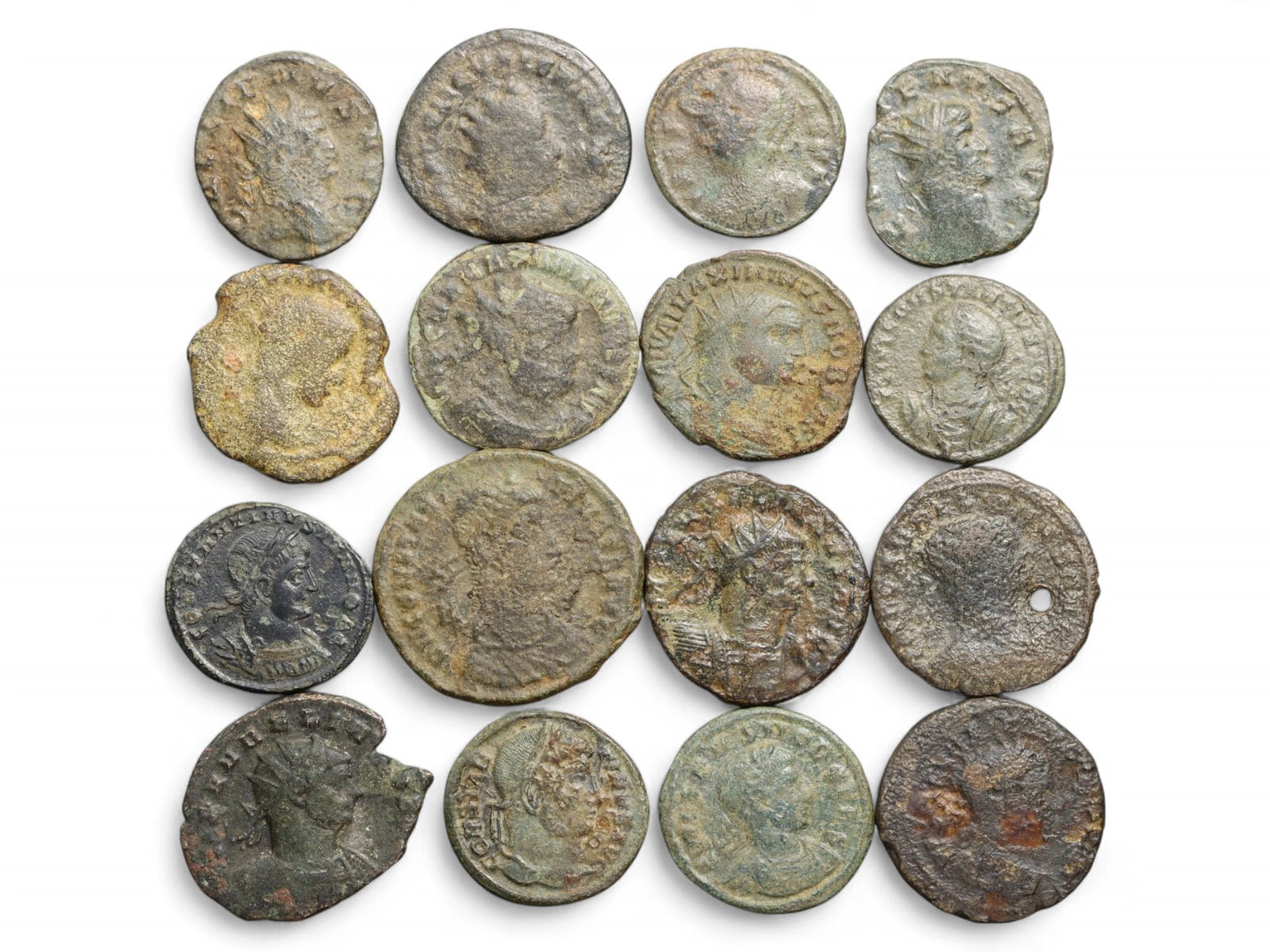 Ancient Roman 16-Coin Bronze Collection of Military and Civic Iconography, 3rd-4th Century CE, 49g (1 of 2)