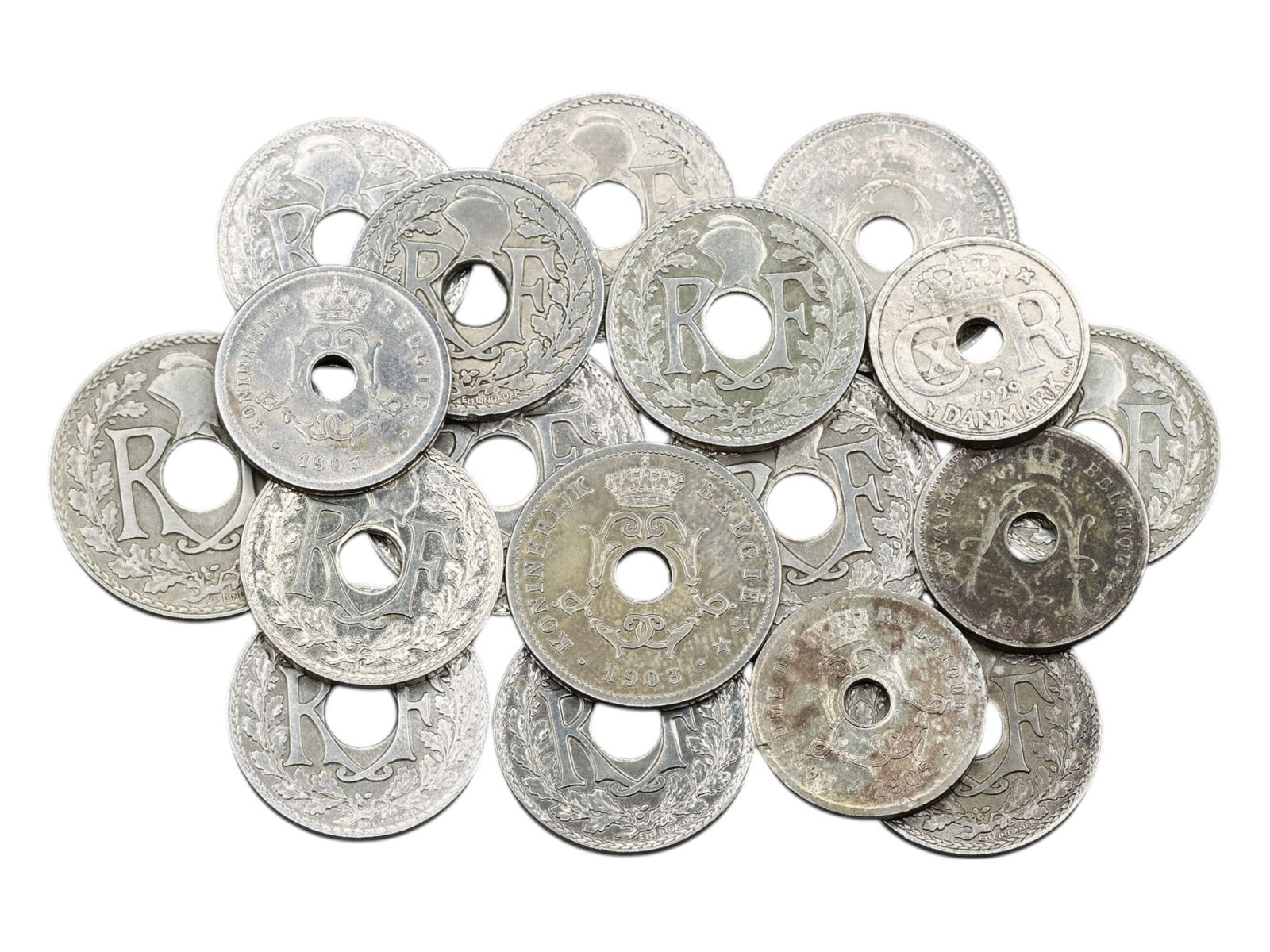 French and Danish Liberty Wreath & Monogram Holed Coin Lot, Zinc and Nickel Alloy, 1910s-1940s, 68g (1 of 2)