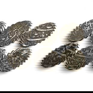 Ancient Medieval Mughal Empire Calligraphic Silver Rupee Coin Group, c. 17th-18th Century CE, 63g: This elegant group of six silver rupee coins comes from the Mughal Empire, one of the most opulent and artistically influential dynasties of the early modern Islamic world. Struck between the 17th and