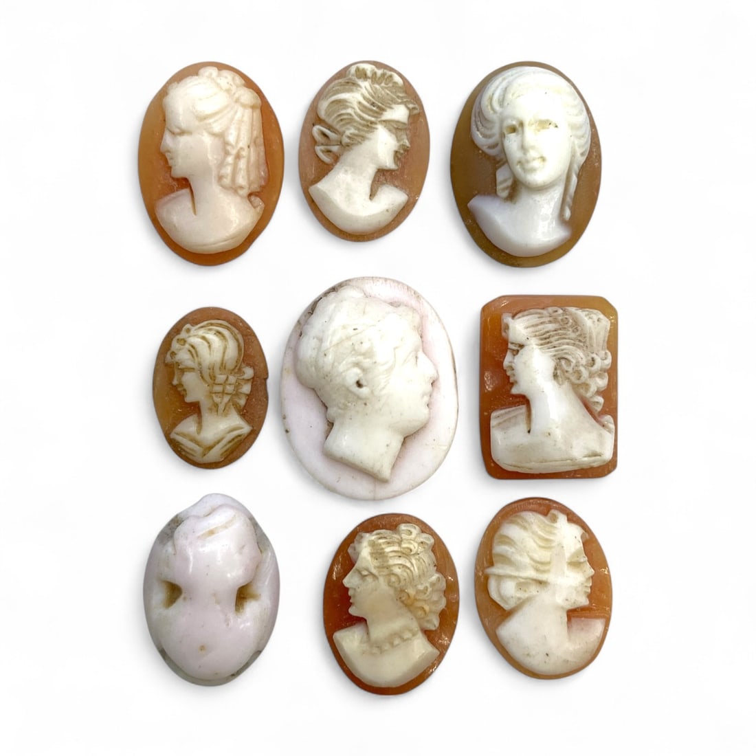 Antique Neoclassical Female Portrait Cameo Lot, 9pcs, Shell and Stone, 19th Century, 14g (1 of 2)