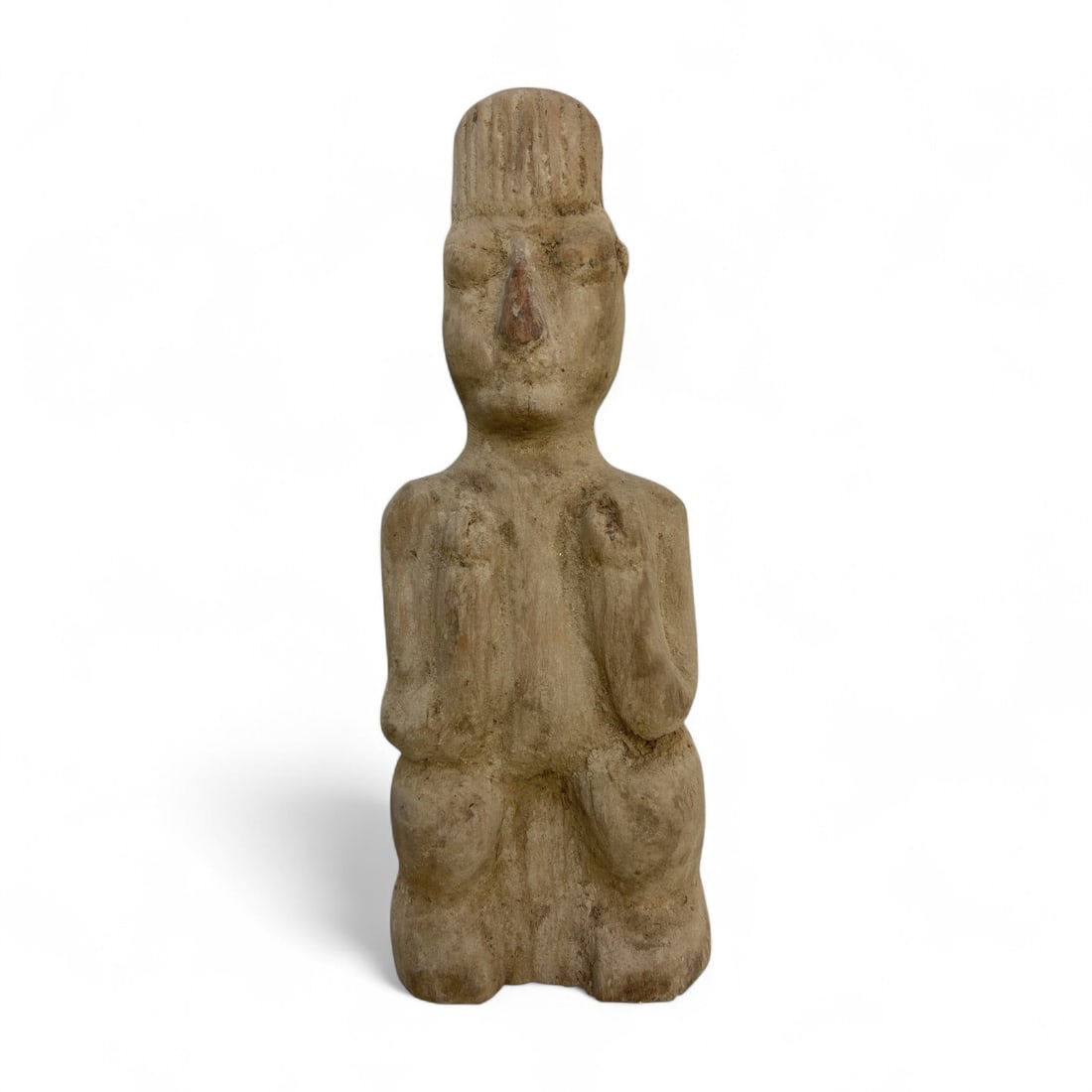 Ancient Central Asian Seated Wooden Idol, Symbolic Guardian Figure, c. 1st Millennium CE, 138g: Carved from a single piece of aged hardwood, this enigmatic 21 cm tall wooden idol from Central Asia embodies the region's profound spiritual heritage. Weighing 138 grams, the figure is presented in a