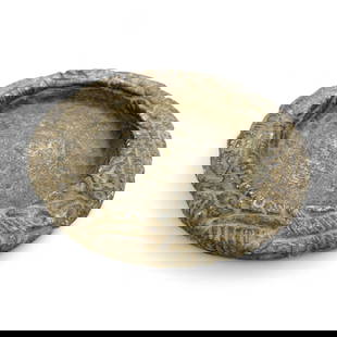 Ancient Jiroft Sacred Motif Schist Ritual Palette, c. 3rd Millennium BCE, 597g: This remarkable artifact originates from the ancient civilization of Jiroft, a culture flourishing in the fertile Halil River valley of southeastern Iran during the 3rd millennium BCE. The Jiroft cult