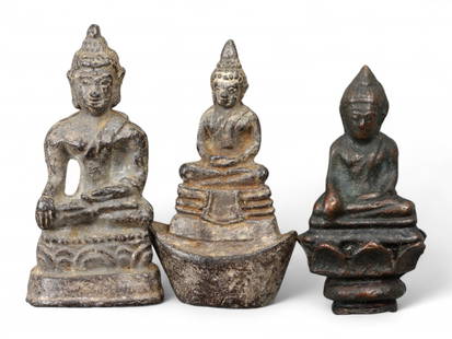 Antique Thai Triple Buddha Miniature Bronze Figures, Meditation Motifs, 18th-20th Century, 125g: This elegant trio of Thai miniature bronze Buddhas, dating between the 18th and 20th centuries, captures the sacred tranquility and spiritual authority of traditional Buddhist sculpture in palm-sized
