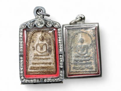 Antique Thai Somdej & Seated Buddha Amulet Pair, Rectangular Frames, 18th-20th Century, 57g: This antique Thai amulet pair, crafted between the 18th and 20th centuries, embodies the deeply rooted reverence for the Phra Somdej and seated Buddha forms, two of the most spiritually powerful icons