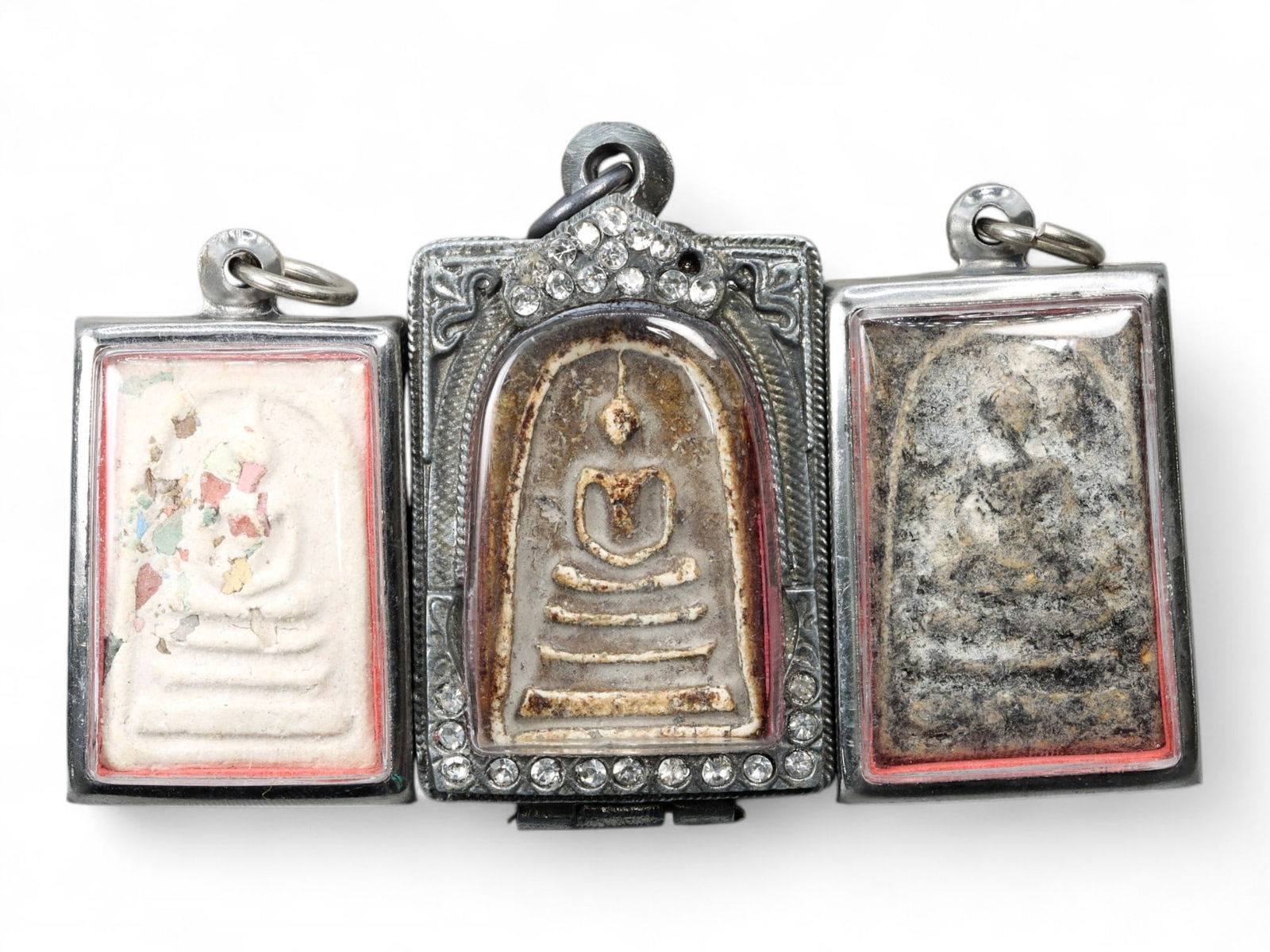 Antique Thai Triple Somdej & Seated Buddha Amulet Set, Silver Alloy Frames, 18th-20th Century, 73g (1 of 2)