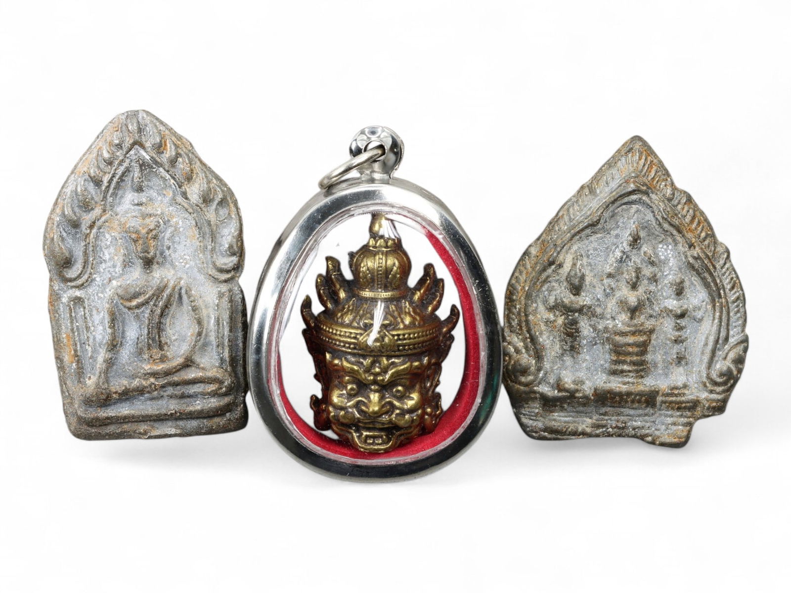 Antique Thai Demon Mask & Triple Deity Lead Amulet Set, Mixed Metals, 18th-20th Century, 70g (1 of 2)