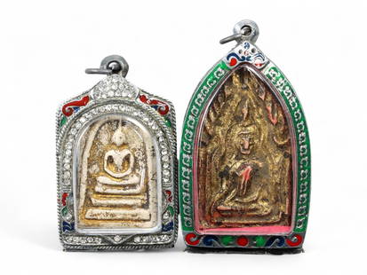 Antique Thai Meditative Buddha & Bodhi Tree Amulet Pair, Silver Alloy Frames, 18th-20th Century, 89g: This elegant pair of antique Thai Buddhist amulets presents two powerful and contrasting expressions of spiritual devotion from the 18th to 20th centuries. The first, cast in creamy-white sacred powde