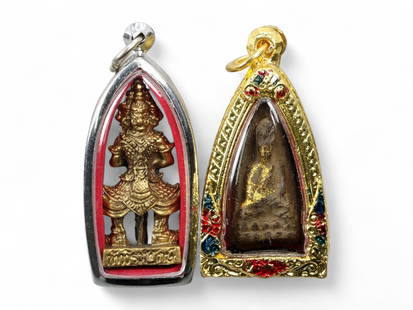 Antique Thai Guardian Yaksha & Seated Buddha Amulet Pair, Gilt Frames, 18th-20th Century, 95g: This striking antique Thai amulet pair, dating between the 18th and 20th centuries, unites two powerful figures from the spiritual and mythological pantheon: the guardian Yaksha and the meditative Bud