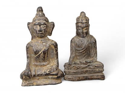 Antique Thai Bronze Twin Buddha Figurines, Enlightenment Gesture, 19th-20th Century, 75g: This finely cast pair of antique Thai bronze Buddha figurines, dating from the 19th to early 20th century, reflects the quiet reverence and spiritual grace of Theravada Buddhist art. Standing just 4 t