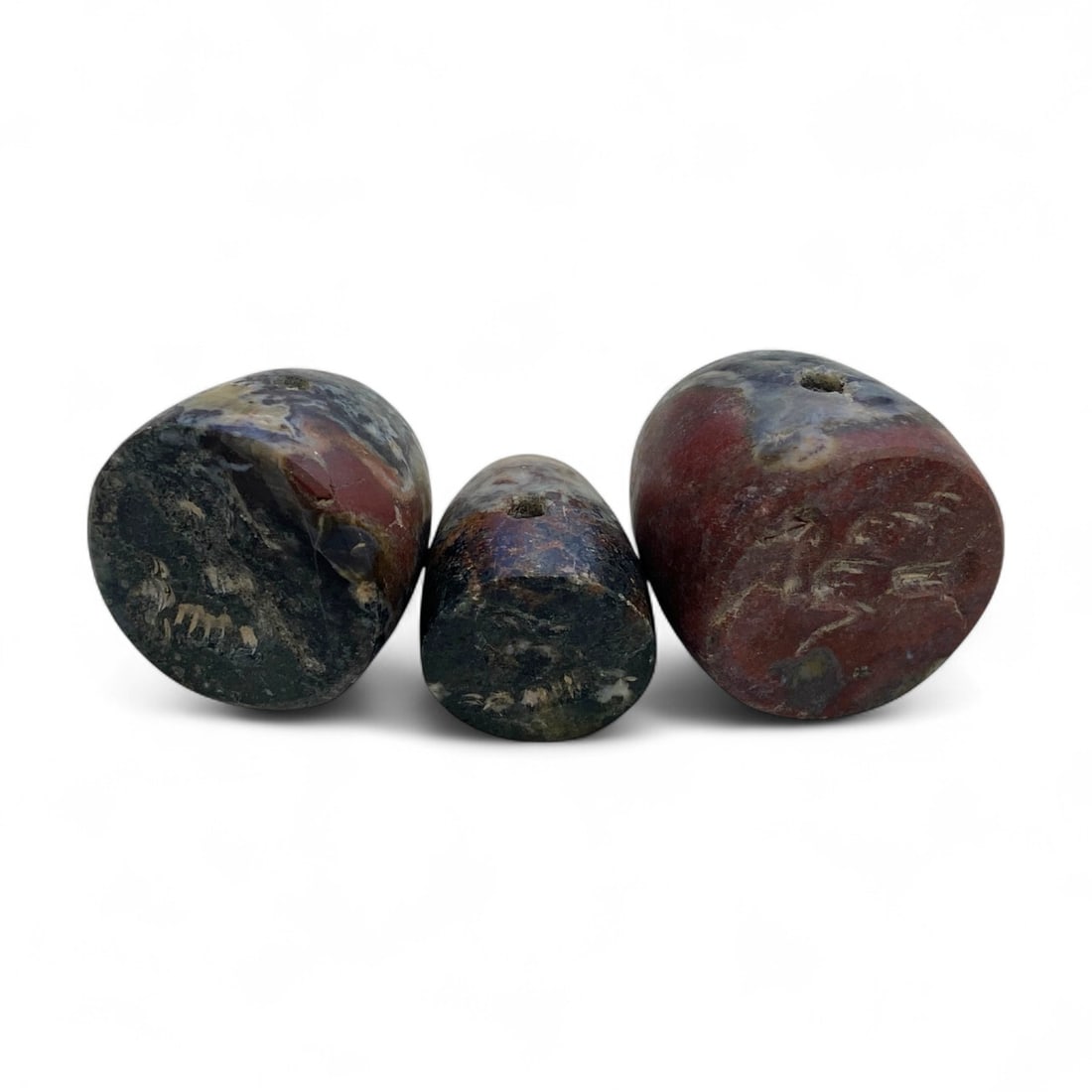 Ancient Near Eastern Conoid Jasper Stamp Seal Trio, c. 3rd-1st Millennium BCE, 118g: This rare trio of ancient conoid stamp seals, carved from richly variegated jasper, offers a profound glimpse into the administrative and symbolic practices of the ancient Near East. Dating from appro