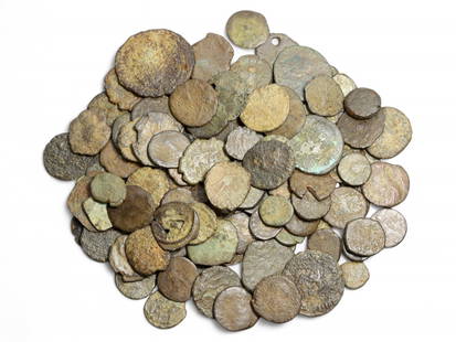 Ancient Roman Bronze Coin Hoard, Mixed Denominations, 156g, c. 1st-4th Century CE: This extensive hoard of ancient Roman bronze coins, weighing a total of 156 grams, offers a compelling glimpse into the economic and political landscape of the Roman Empire across several centuries. C