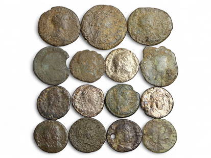 Ancient Roman Bronze Coin Lot of 15, Mixed Imperial Denominations, c. 2nd-4th Century CE, 35g: This curated group of fifteen ancient Roman bronze coins, weighing a total of 35 grams, offers a compelling glimpse into the day-to-day monetary exchanges of the Roman Empire. Ranging in size and pati