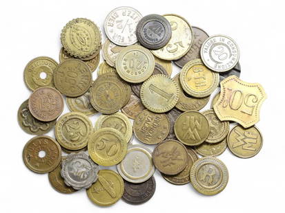 Antique 19th-20th Century French Brass and Alloy Trade Token Collection, 49 Pieces, 136g: This captivating collection of 49 antique French trade tokens represents a vibrant legacy of local commerce and industry from the 19th and early 20th centuries. Struck in brass, bronze, and other mixe