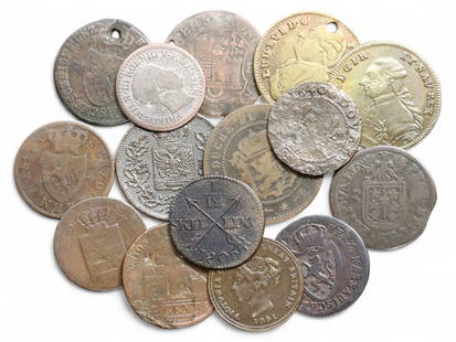 18th-19th Century European Royal and Heraldic Bronze Coin Collection, 15 Coins, 45g: This curated group of 15 antique bronze coins encapsulates the political intricacies and imperial grandeur of 19th century Europe. Issued under various monarchs and duchies, these coins bear a rich ar