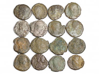 Ancient Roman Mixed Denominations Bronze and Billon Coin Lot, 16 Coins, c. 2nd-4th Century CE, 24g: This compelling assemblage of sixteen ancient Roman coins, totaling 24 grams, spans a spectrum of the late Imperial monetary system, blending bronze and billon compositions. Though modest in size and