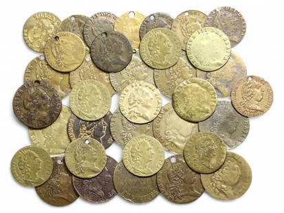 Antique Georgian-Era British Brass Jeton Collection, 35 Coins, c. 18th Century, 94g: This remarkable set of 35 brass jetons hails from the Georgian period of British history, a time marked by empire, Enlightenment, and the rise of global trade. These tokens, modeled in the likeness of