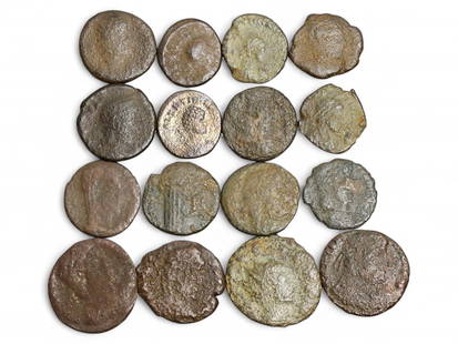 Ancient Roman Imperial Bronze and Billon Coin Lot, 16 Coins, c. 3rd-4th Century CE, 21g: This group of sixteen ancient Roman coins, weighing a total of 21 grams, offers a tactile connection to the vast reach and administrative complexity of the Roman Empire during its late Imperial phase.