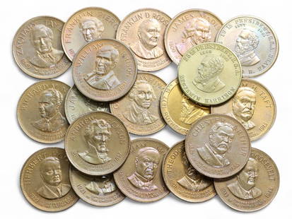 U.S. Presidential Bronze Commemorative Coin Set, 19 Medals, Mid-20th Century, 124g: This set of 19 bronze commemorative coins honors various Presidents of the United States, spanning from James Madison to Richard Nixon. Struck in the mid-20th century, these medals were often issued f