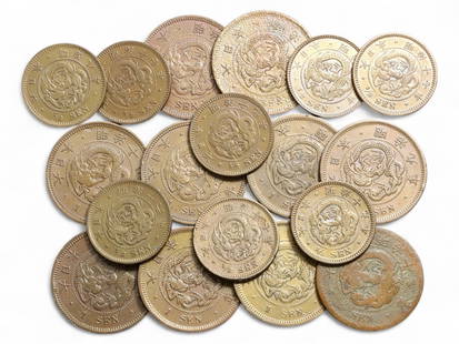 19th Century Antique Japanese Meiji Dragon Bronze 1 Sen Coin Collection, 18 Coins, 97g: This exceptional set of 18 bronze coins from Imperial Japan captures the bold symbolism and refined minting of the Meiji era (1868-1912), a transformative period that marked Japan's emergence onto the