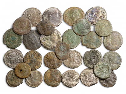 Ancient Roman Imperial Bronze Coin Lot, Late Empire AE Folles and Nummi, 29 Coins, 50g: This evocative collection of 29 ancient Roman bronze coins, totaling 50 grams, offers a glimpse into the economic and political life of the Late Roman Empire, spanning roughly the 3rd to 5th centuries
