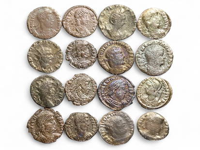 Ancient Roman 16-Coin Bronze Collection of Radiate and Draped Emperors, c. 3rd Century CE, 33g: This refined selection of 16 ancient Roman bronze coins, weighing a total of 33 grams (1.16 oz), offers a striking representation of the stylistic transition in Roman imperial portraiture and symbolis