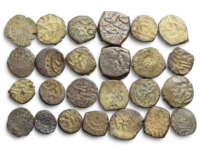 Medieval Islamic 25-Coin Bronze Collection of Sultanate Calligraphic Types, 12th-15th Century, 26g: This exceptional group of 25 medieval Islamic bronze coins offers a glimpse into the diverse and vibrant numismatic traditions of the Islamic Sultanates during the 12th to 15th century CE. Weighing a