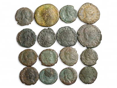 Ancient Roman Imperial Bronze Coin Collection, 16 Coins, c. 3rd-4th Century CE, 40g: This evocative 16-coin lot offers a compelling glimpse into the political and spiritual life of the Late Roman Empire. Dating primarily from the 3rd to 4th century CE, these bronze issues feature a di