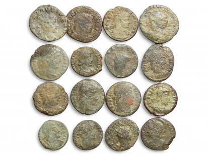 Ancient Roman 16-Coin Bronze Lot of Imperial Busts and Provincial Types, c. 3rd-4th Century CE, 32g: This 16-piece collection of ancient Roman bronze coins, weighing a total of 32 grams (1.13 oz), offers a tactile and historically layered view of Rome's late imperial era. These coins, minted between