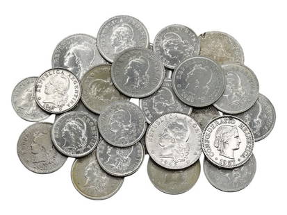 Argentine Republic Liberty Centavos Coin Collection, Mixed Alloy, c. 1920s-1970s, 72g: This 72g collection of Argentine centavos presents a striking homage to republican values and neoclassical artistry, with coins spanning the mid-20th century and rendered in nickel, aluminum-bronze, a