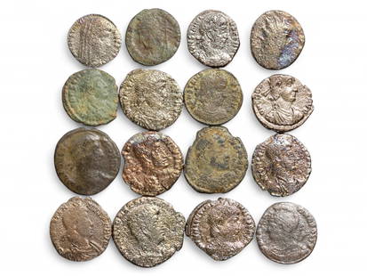 Ancient Roman Imperial Bronze Coin Collection of Emperors and Deities, c. 3rd-4th Century CE, 30g: This curated group of 16 ancient Roman bronze coins reflects the intricate numismatic culture of the late Roman Empire, a period defined by both crisis and consolidation. Spanning the 3rd to 4th centu