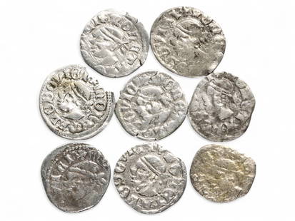 Ancient Medieval Hungarian Denarius Collection of Louis I of Anjou, "Saracen" Type, 8 Coins, 4.9g: This captivating assemblage of 8 silver denarii dates to the reign of King Louis I of Anjou, who ruled the Kingdom of Hungary from 1370 to 1382 CE. Known as "Louis the Great," his reign marked a golde