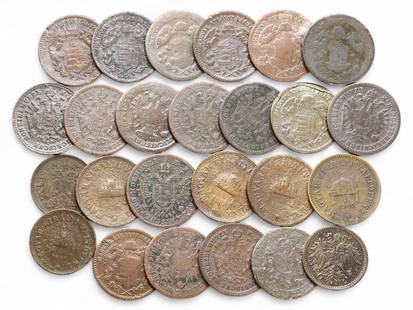 Medieval Austro-Hungarian Empire Small Denomination Bronze and Copper Coin Lot, 19th Century, 74g: This historically rich lot includes 25 bronze and copper coins from the Austro-Hungarian Empire and surrounding European states, primarily dating to the 19th century. These modest yet finely struck co