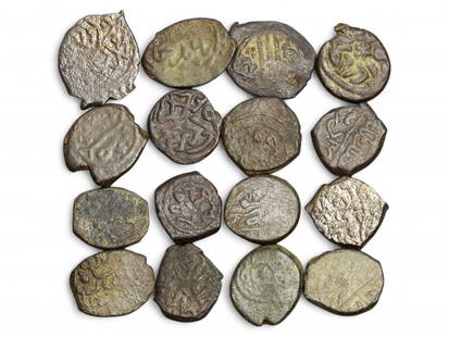 Medieval Islamic 16-Coin Bronze Lot of Sultanate Calligraphic Issues, c. 12th-15th Century CE, 33g: This fascinating set of 16 bronze coins, dating to the medieval Islamic Sultanate period (circa 12th-15th century CE), offers a compelling look into the monetary and artistic traditions of one of the