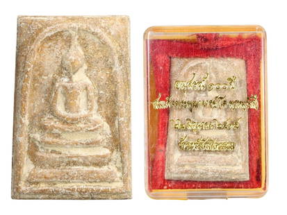 Thai 100-Year Commemorative Somdej Buddha Clay Amulet, Wat Phra Phutthabat Ratchaworamahawihan, 21g: This commemorative clay amulet showcases the revered Somdej Buddha motif, cast in the classic arched frame style that has defined Thai sacred iconography for over a century. Issued in celebration of t