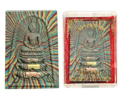 Thai Psychedelic Rainbow Somdej Buddha Amulet with Metal Inserts, Wat Phikunthong, 28g: This visually captivating Thai amulet presents the revered Somdej Buddha form, reimagined through a swirling psychedelic rainbow design that combines sacred symbolism with modern ritual artistry. Craf