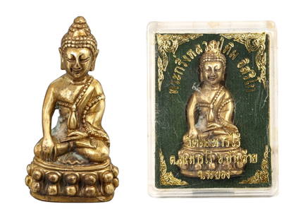 Thai Bronze Phra Kring Luang Phor Tim Statue from Wat Lahanrai, c. Late 20th Century, 40g: This finely cast bronze statue represents the venerated Phra Kring form, associated with healing, compassion, and meditative energy, created in honor of Luang Phor Tim of Wat Lahanrai in Rayong provin