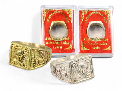 Thai Monk Blessing Ring Pair, Gold & Silver Alloy, Sacred Script, US Size 9, 66g: This powerful pair of modern Thai blessing rings pays homage to one of northern Thailand's most revered monastic figures, encapsulating sacred protection and spiritual prestige in bold metallic form.
