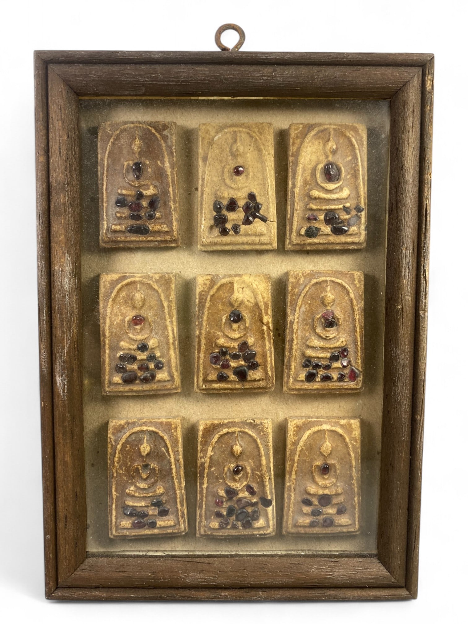 Thai Buddhist Amulet Collection in Wood Frame, Sacred Stone Inlays, 248g (1 of 1)