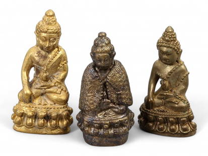 Antique Thai Bronze Miniature Buddha Trio in Meditation Posture, c. Mid 20th Century CE, 92g: This refined trio of antique Thai miniature Buddha figures, each cast in bronze and standing approximately 4.5 cm tall, offers a serene and spiritually rich representation of Buddhist artistry from th