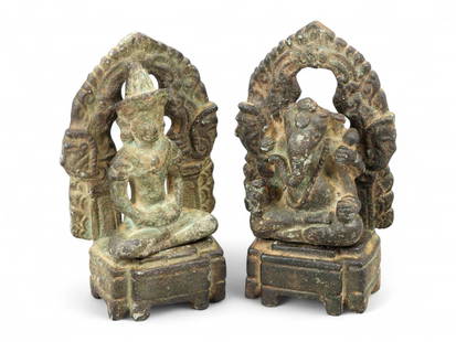 Antique Thai Bronze Miniature Buddha and Ganesha Shrine Figures, c. 19th Century, 236g: This finely cast pair of Thai bronze shrine figures embodies a spiritual synthesis of Hindu and Buddhist devotion common in the Thai cultural landscape of the 19th century. Each figure sits in serene