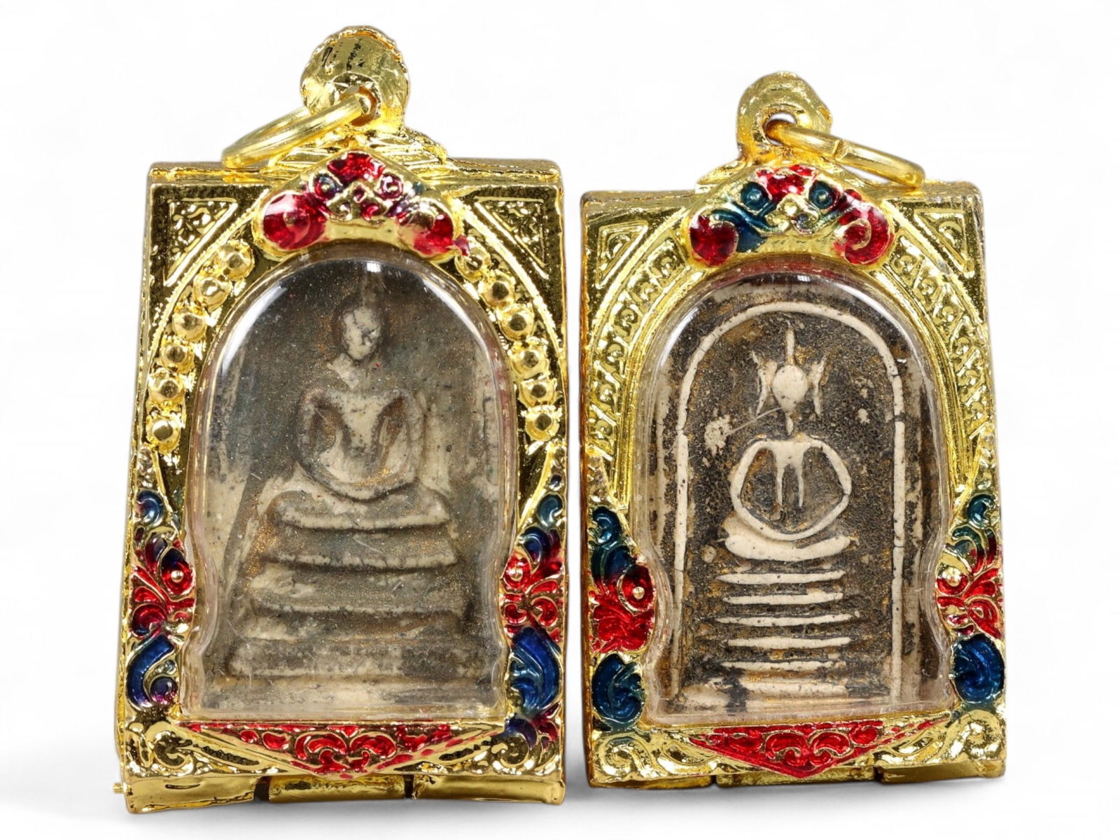 Antique Thai Gilded Buddha Stairway Amulets in Ornate Gold-Tone Frames, c. Early 20th Century, 123g (1 of 2)