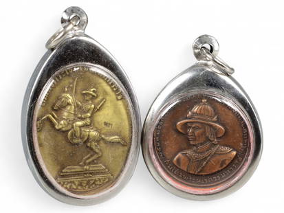 Antique Thai Royal Commemorative King Taksin Coin Amulets in Metal Casings, c. Mid 20th Century, 43g: This distinguished pair of Thai royal amulets pays tribute to the legendary King Taksin the Great-one of Thailand's most revered warrior-kings-commemorated here in two classic medallion formats. Likel