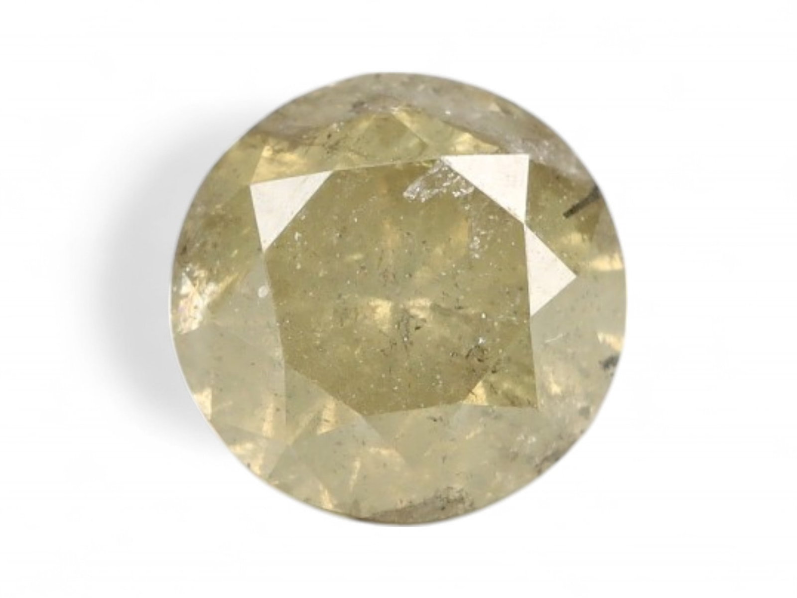 0.75ct Natural FANCY OLIVE YELLOW Round Diamond, 5.5mm: A nuanced study in tone and texture, this 0.75 carat natural round diamond displays a rare olive-yellow hue, subtly shifting between golden khaki and muted sage under changing light. Measuring 5.5mm, 