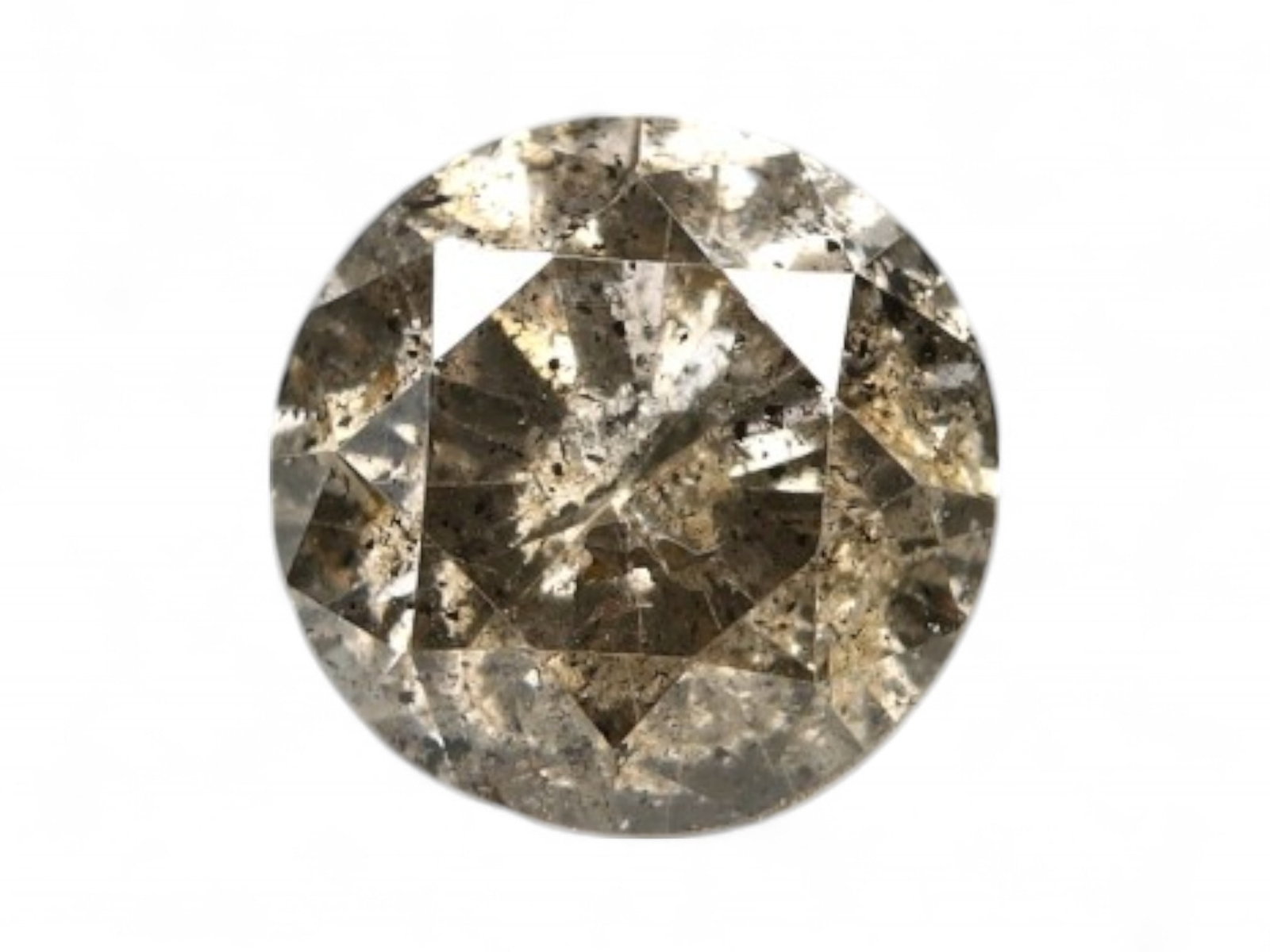 0.51ct Natural SALT & PEPPER Round Brilliant Diamond, 4.8mm: This 0.51 carat round brilliant diamond embodies the raw allure of natural mineral inclusions, presenting a striking salt & pepper aesthetic with graphite specks, silvery flashes, and smoky transparen