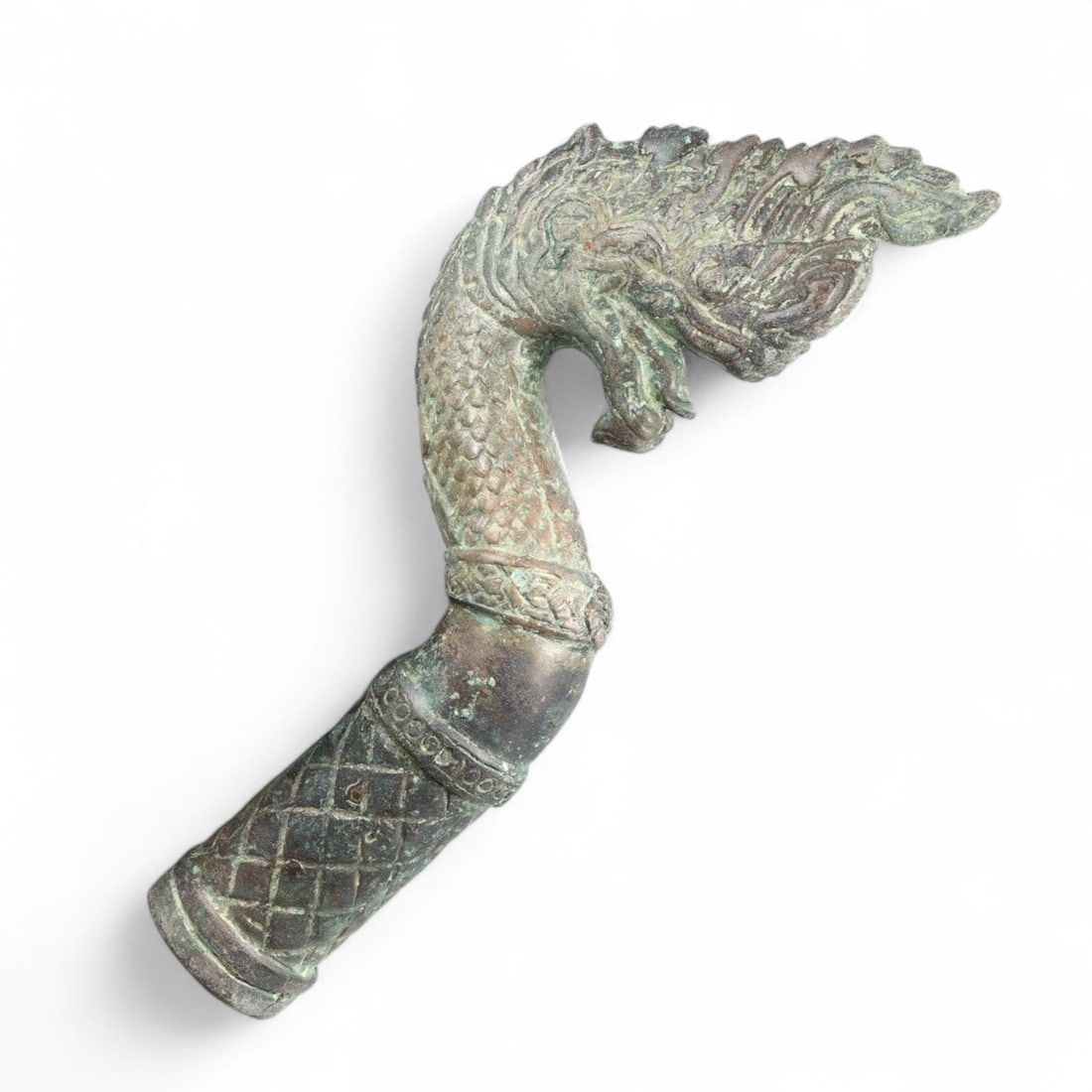 Antique Thai Bronze Naga Finial with Scaled Shaft, 19th Century, 330g: This striking 19th-century Thai bronze finial depicts a sinuous Naga-mythic serpent guardian of water and wisdom-emerging with power and elegance from a finely patterned shaft. Measuring 20 cm (approx
